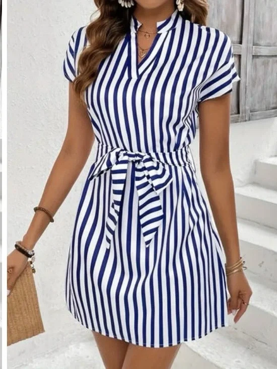 Striped Blue and White Tie-Waist Short Dress. Plus Size Available - Picture 4 of 9